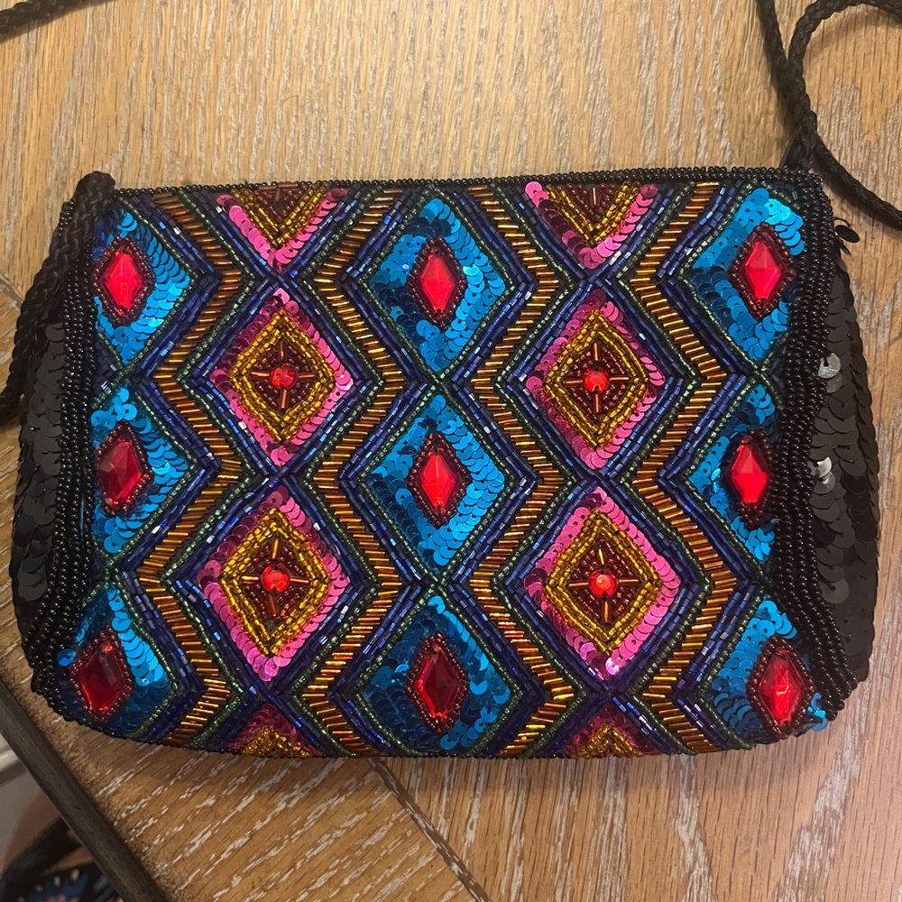 Sequin beaded colorful evening small purse with black background